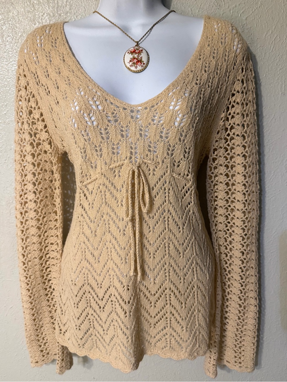 Express Vintage Y2K Boho Crochet Knit Tunic Sweater Top Beige Tan Wool Blend M